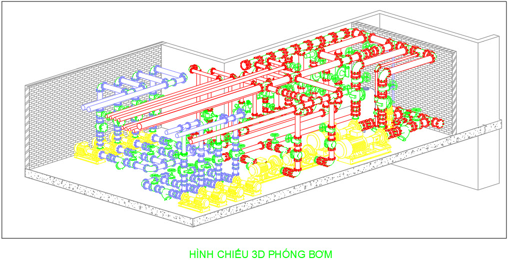 hình chiếu 3d phòng bơm